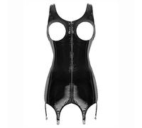 Oyolan Femme Mini Robe Courte Moulante Sexy Cuir Verni Robe Sein Nu Porte Jarretelle Wetlook Party Dress Clubwear S-5XL Noir 5XL