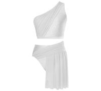 Oyolan Femme Robe Danse Contemporaine Moderne Strass Tenue Crop Top avec Jupe Robe Danse Latine Patinage Artistique Costume Gymnastique A Blanc M