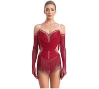 Oyolan Femme Robe Danse Latine Frangé Strass Justaucorps Gymnastique Tenue Patinage Artistique Ensemble Costume Spectacle A Rouge L