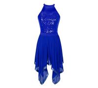 Oyolan Femme Robe Danse Latine Paillette Asymétrique Robe de Danse Salon Salsa Rumba Chacha Tango Costume Spectacle Performance S-XL Bleu Royal L