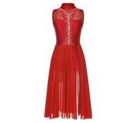 Oyolan Femme Robe Danse Latine Strass sans Manches Justaucorps Robe Danse Salsa Samba Chacha Jazz Costume Danse Contemporaine Dancewear S-XXL A Rouge S
