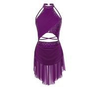 Oyolan Femme Robe Patinage Artistique Strass Justaucorps Gymnastique Robe Danse Latine Costume Danse Contemporaine S-XXL A Violet L