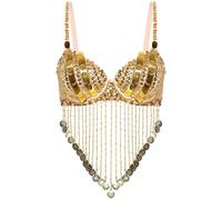 Oyolan Femme Soutien Gorge Danse du Ventre Frangé Haut Danse Orientale Paillette Brillant Costume Danseuse Or Taille Unique