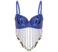 Oyolan Femme Soutien Gorge Danse du Ventre Frangé Haut Danse Orientale Paillette Brillant Costume Danseuse Bleu Royal Taille Unique
