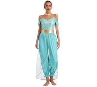 Oyolan Femme Tenue Danse Orientale Déguisement Princesse Arabe Indienne Combinaison Paillette Costume Danse du Ventre Carnaval Halloween A Turquoise XXL