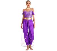Oyolan Femme Tenue Danse Orientale Déguisement Princesse Arabe Indienne Combinaison Paillette Costume Danse du Ventre Carnaval Halloween A Violet 4XL