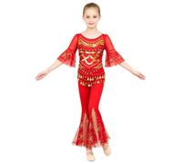 Oyolan Fille Ensemble Danse Orientale Costume Du Ventre Enfant De Indienne | Vêtements Danse Pour Performance Scène,Top Court Manches Bouffantes,Pantalon Évasé,Halloween,Boîte De Nuit,Costume Carnaval