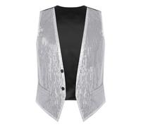Oyolan Gilet Paillette Homme Cardigan Veste Top Danse Disco Gilet sans Manche Costume Soirée Tenue Brillant Vêtement Clubwear M-4XL Argenté XXL