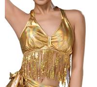 Oyolan Haut à Paillette Femme Crop Top Danse du Ventre Débardeur Soutien-Gorge à Franges Festival Carnaval Or Taille Unique