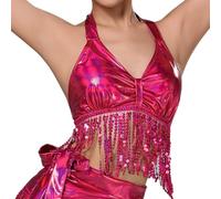 Oyolan Haut à Paillette Femme Crop Top Danse du Ventre Débardeur Soutien-Gorge à Franges Festival Carnaval Rose Vif Taille Unique