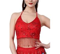Oyolan Haut à Paillettes pour Femme Top Danse du Ventre Dos Nu Débardeur Soutien-Gorge avec Franges Festival Rouge Taille Unique