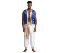 Oyolan Homme Costume Prince Arabe Déguisement Arabe Roi Pantalon Sarouel et Gilet sans Manches Cosplay Carnaval Halloween Fête Tenue C Blanc XL