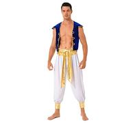 Oyolan Homme Costume Prince Arabe Déguisement Arabe Roi Pantalon Sarouel et Gilet sans Manches Cosplay Carnaval Halloween Fête Tenue F Bleu M