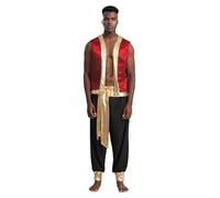 Oyolan Homme Costume Prince Arabe Déguisement Arabe Roi Pantalon Sarouel et Gilet sans Manches Cosplay Carnaval Halloween Fête Tenue C Rouge Noir M