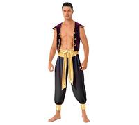 Oyolan Homme Costume Prince Arabe Déguisement Arabe Roi Pantalon Sarouel et Gilet sans Manches Cosplay Carnaval Halloween Fête Tenue F Noir L