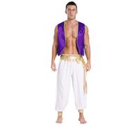 Oyolan Homme Costume Prince Arabe Déguisement Arabe Roi Pantalon Sarouel et Gilet sans Manches Cosplay Carnaval Halloween Fête Tenue B Violet foncé Blanc M
