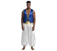 Oyolan Homme Costume Prince Arabe Déguisement Arabe Roi Pantalon Sarouel et Gilet sans Manches Cosplay Carnaval Halloween Fête Tenue D Bleu Blanc 4XL