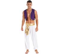 Oyolan Homme Costume Prince Arabe Déguisement Arabe Roi Pantalon Sarouel et Gilet sans Manches Cosplay Carnaval Halloween Fête Tenue E Or M