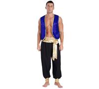 Oyolan Homme Costume Prince Arabe Déguisement Arabe Roi Pantalon Sarouel et Gilet sans Manches Cosplay Carnaval Halloween Fête Tenue B Bleu Noir XL