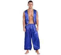 Oyolan Homme Costume Prince Arabe Déguisement Arabe Roi Pantalon Sarouel et Gilet sans Manches Cosplay Carnaval Halloween Fête Tenue A Bleu Royal M