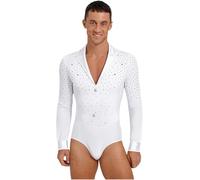 Oyolan Homme Justaucorps Danse Latine Moderne Jazz Salsa Cha Cha Body Gymnastique Bodysuit Patinage Artistique Manches Longues Strass A Blanc XL
