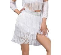 Oyolan Jupe de Danse du Ventre à Franges Taille Elastique Jupe Swing Danse Latine Cha Cha Samba Blanc L
