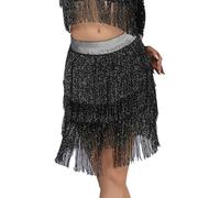 Oyolan Jupe de Danse du Ventre à Franges Taille Elastique Jupe Swing Danse Latine Cha Cha Samba Noir Argent L