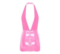 Oyolan Mini Robe Courte Sexy Femme Cuir Verni Halter Neck Dos Nu Robe Moulante Wetlook Costume Soirée Cocktail Party Dress Clubwear S-4XL Rose M