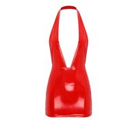 Oyolan Mini Robe Courte Sexy Femme Cuir Verni Halter Neck Dos Nu Robe Moulante Wetlook Costume Soirée Cocktail Party Dress Clubwear S-4XL Rouge S