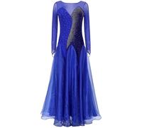 Oyolan Robe Danse de Salon Valse Femme Strass Manches Longues Tenue Danse Moderne Compétition Spectacle Eentraînement S-XL Bleu M