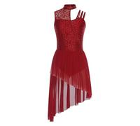 Oyolan Robe Danse Latine Femme Paillette Asymétrique Robe Danse Salsa Rumba Chacha Tango Tenue Strass Brillant Costume Spectacle S-XXL C Rouge XXL