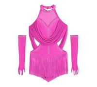 Oyolan Robe Danse Latine Fille Enfant Tenue Danse Contemporaine Justaucorps à Franges Strass Body Gymnastique Ensemble Costume Compétition Spectacle Rose Vif 11-12 Ans