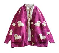 Oyrcvweuy Cardigan en tricot à manches longues pour femme, motif de mouton de dessin animé, manteau Harajuku surdimensionné avec poches, veste pour femme