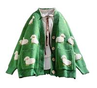 Oyrcvweuy Cardigan en tricot à manches longues pour femme, motif de mouton de dessin animé, manteau Harajuku surdimensionné avec poches, veste pour femme