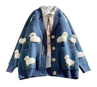 Oyrcvweuy Cardigan en tricot à manches longues pour femme, motif mouton de dessin animé, boutonné, manteau pull Harajuku surdimensionné avec poches, vestes pour femmes mode longues