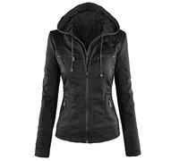 Oyrcvweuy Veste courte en cuir synthétique pour femme avec capuche amovible et fermeture éclair