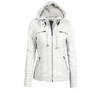 Oyrcvweuy Veste courte en similicuir avec capuche amovible pour femme - Blouson de moto zippé avec capuche amovible, beige, L