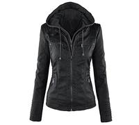 Oyrcvweuy Veste courte en similicuir avec capuche amovible pour femme - Blouson de moto zippé avec capuche amovible, Noir , M