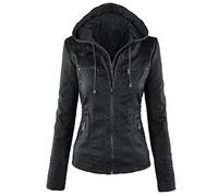 Oyrcvweuy Veste courte en similicuir pour femme avec capuche amovible - Blouson de moto avec fermeture éclair - Vêtement d'extérieur avec capuche amovible, Noir , XXL