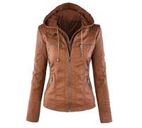Oyrcvweuy Veste courte en similicuir pour femme avec capuche amovible - Blouson de moto zippé - Vêtement d'extérieur - Capuche amovible, marron, S