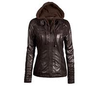 Oyrcvweuy Veste courte en similicuir pour femme avec capuche amovible - Blouson de moto zippé - Vêtement d'extérieur - Capuche amovible, café, S