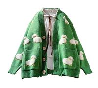 Oyrcvweuy Veste en tricot à manches longues pour femme avec motif de mouton dessiné boutonnée Cardigan avec poches, veste oversize Harajuku, veste à la mode pour femmes
