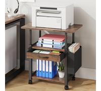 OYRREU Support Imprimante 3 Niveaux Réglable sur roulettes | Meuble pour Imprimante avec Tiroir et Sac Latéral | Étagère Bureau 56x38 cm pour Scanner, Fax, Imprimante 3D | Brun Rustique