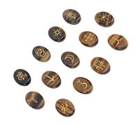 Oytrui Ensemble de Pierres Runiques, 13 Pierres Runiques Viking avec Inscriptions Dorées, Kit de Sculpture en Cristal pour la Méditation, le Yoga, la Décoration de la Maison (Oeil de tigre jaune)