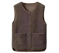Oyuchga Gilet polaire court en polaire pour femme - Élégant - Couleur unie - Sans manches - Veste d'hiver chaude en polaire avec boutons - Col en V - Veste en peluche, Café D., S