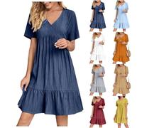 Oyuchga Robe chemisier pour femme - Grandes tailles - Élégante - Couleur unie - Manches courtes - Décontractée - Col en V - Ourlet à volants - Mini robe - Longueur genou - Robe trapèze, A bleu marine