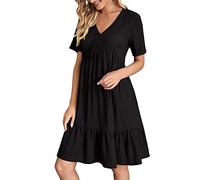 Oyuchga Robe chemisier pour femme - Grandes tailles - Élégante - Couleur unie - Manches courtes - Décontractée - Col en V - Ourlet à volants - Mini robe - Longueur genou - Robe trapèze, c noir, M