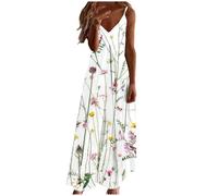 Oyuchga Robe débardeur décontractée pour femme - Col en V - Bretelles spaghetti - Élégante - Couleur unie - Grandes tailles - Sans manches - Robe de plage ample - Ligne A, c blanc, XL