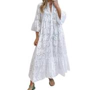 Oyuchga Robe longue d'été brodée pour femme - Grandes tailles - Manches 3/4 - Col en V - Creux - Brodée - Couleur unie - Longue robe chemisier - Crochet - Dentelle - Robe décontractée, A blanc., 5XL