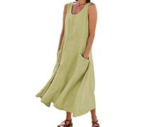 Oyuchga Robe longue d'été pour femme - Col en V - Sans manches - Vintage - Couleur unie - Robe d'été ample - Grandes tailles - Robe de plage légère et confortable - Robe de plage avec poches, C vert